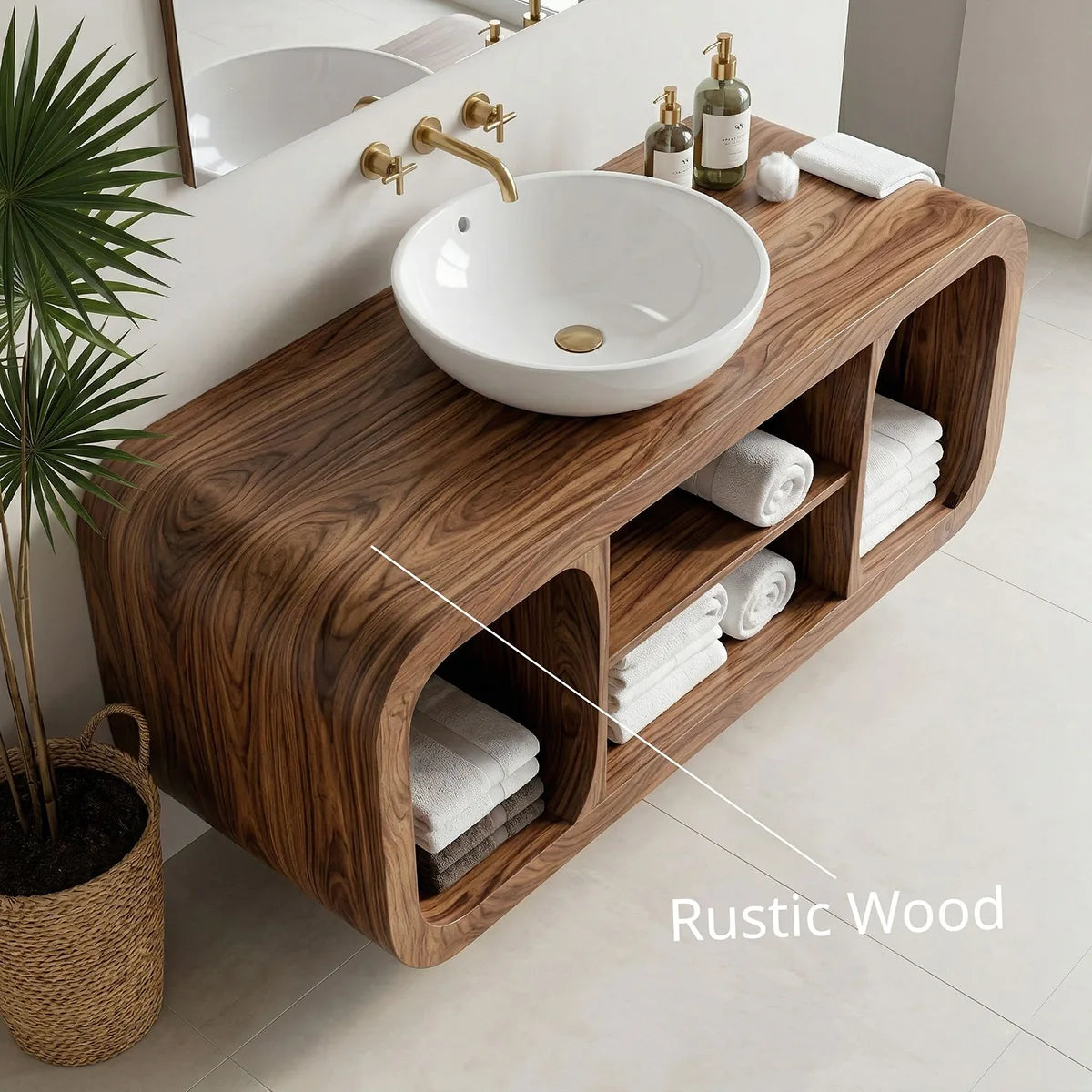 Floating Solid Wood Bathroom Vanity with Rounded Frame and Open Shelf Storage