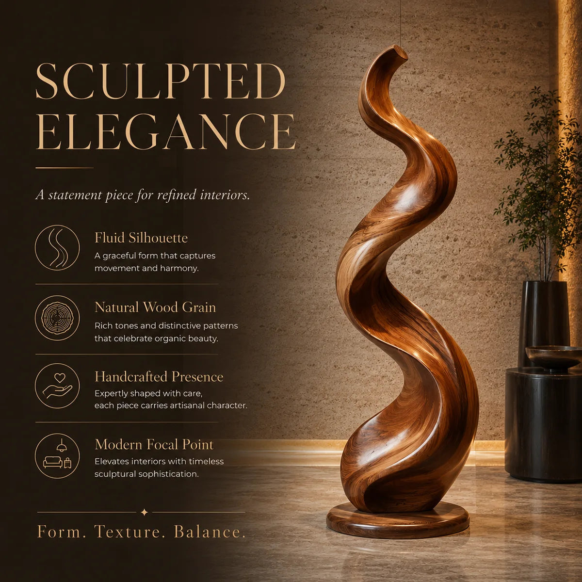 Handcrafted Solid Wood Spiral Floor Sculpture – Modern Organic Statement Art TT006-1040