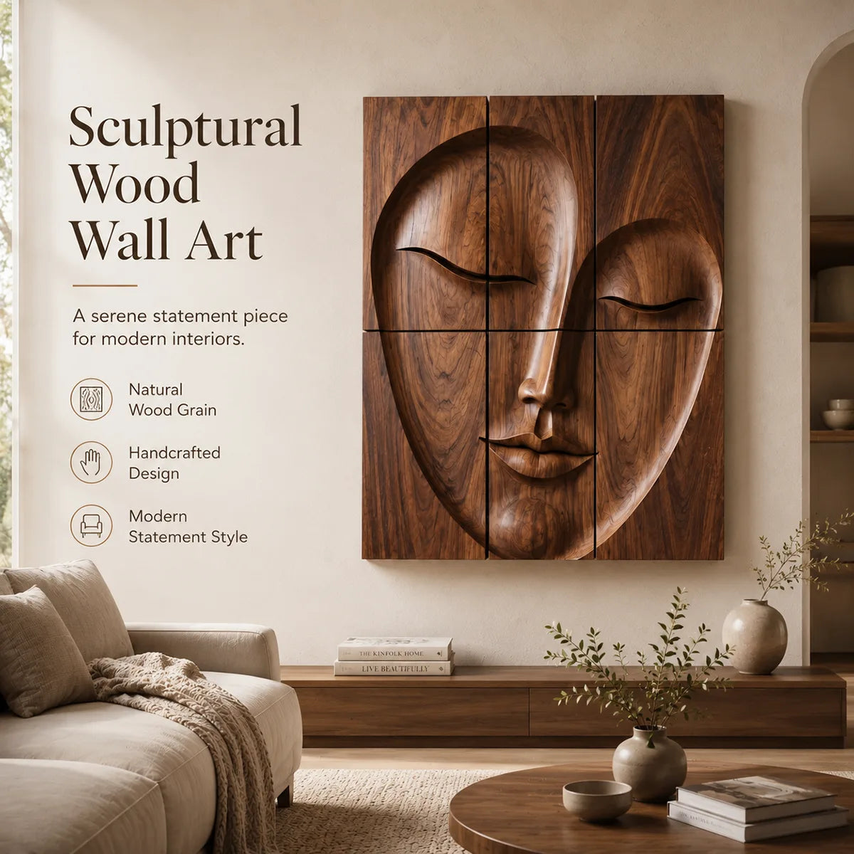 Abstract Wooden Face Wall Art | Large 6 Panel Modern Wood Sculpture TT006-6830