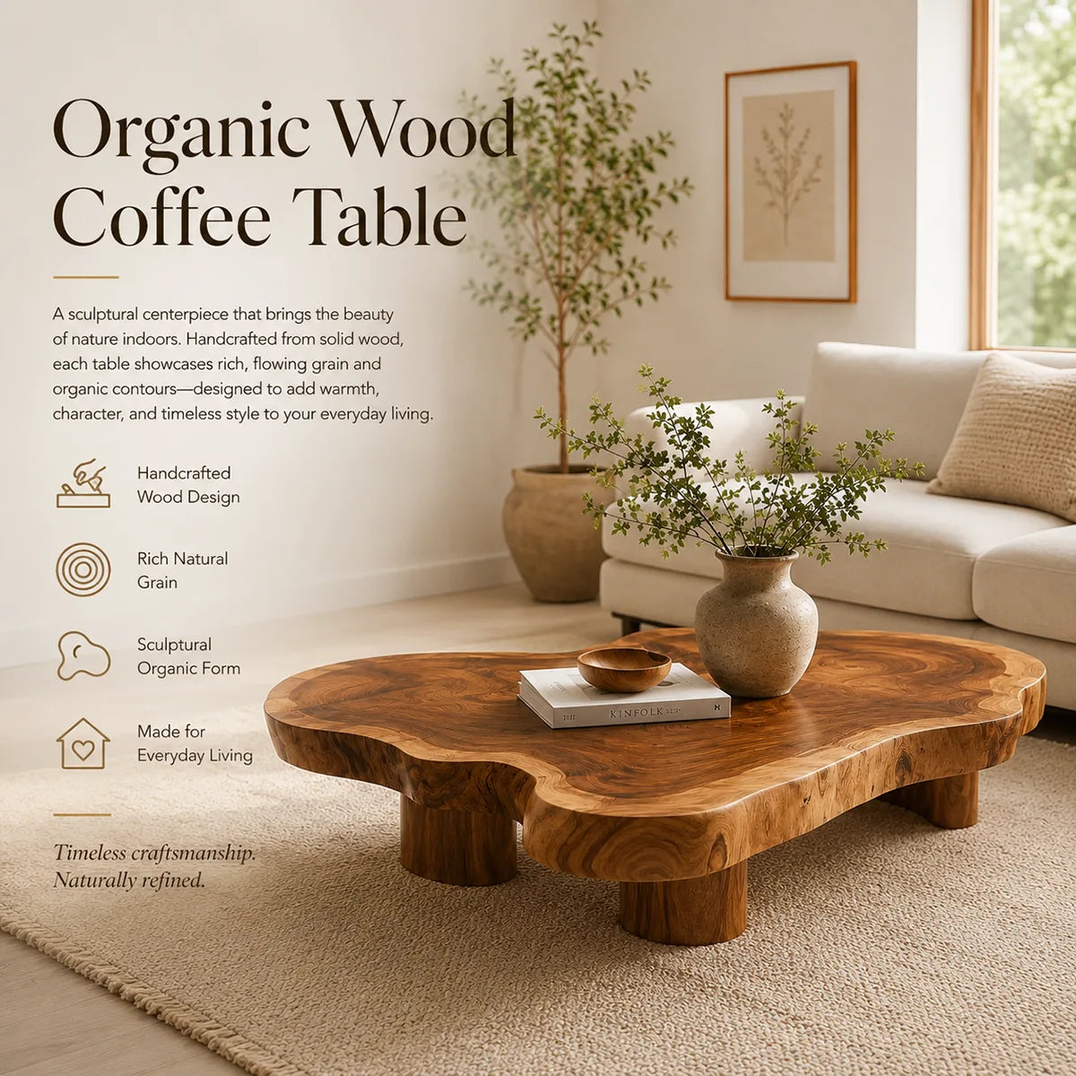 Organic Solid Wood Live Edge Coffee Table | Freeform Hardwood Coffee Table with Sculptural Pedestal Base TT006-4064