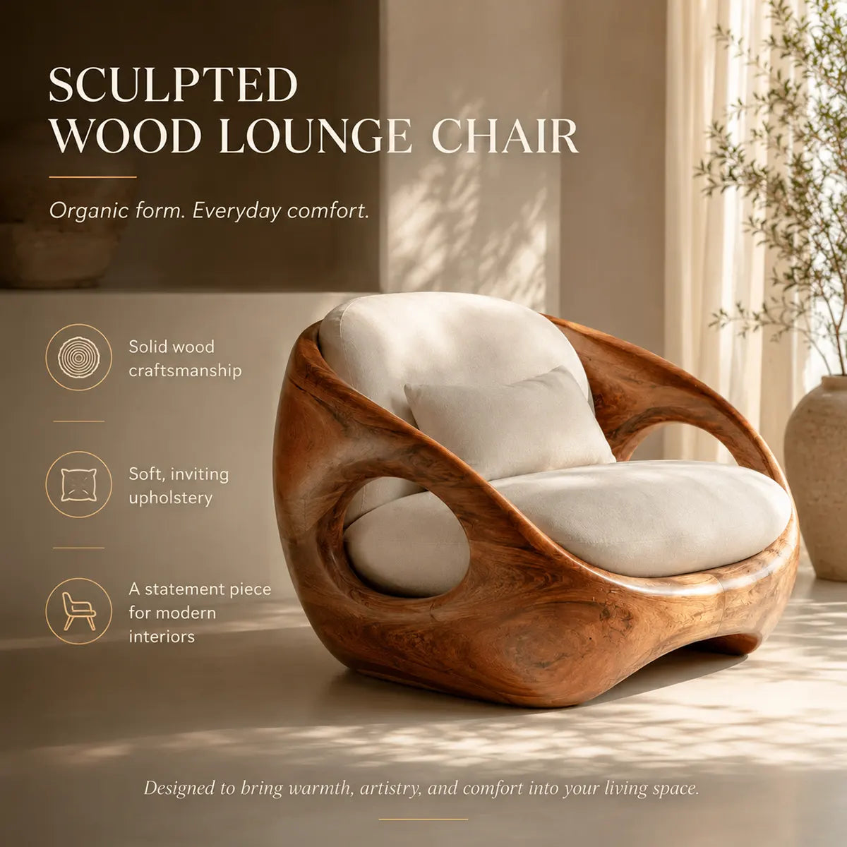 Organic Modern Wooden Lounge Chair | Sculptural Solid Wood Accent Chair TT006-3010