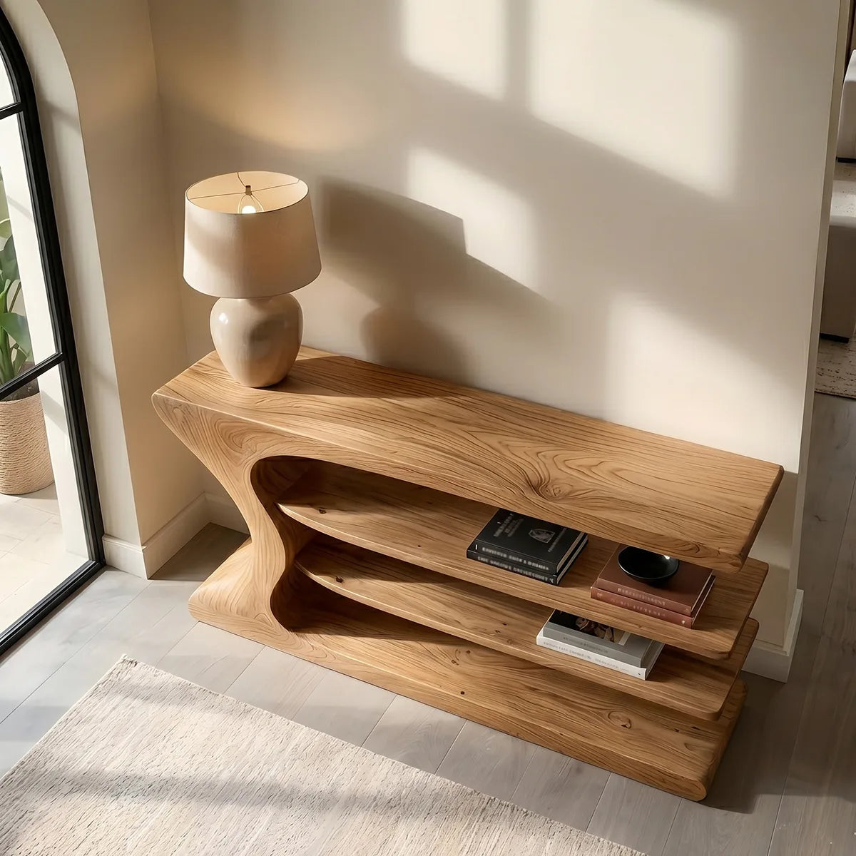 Organic Modern Console Table with Shelves, Sculptural Wood Console Table for Entryway & Living Room HL020-7755