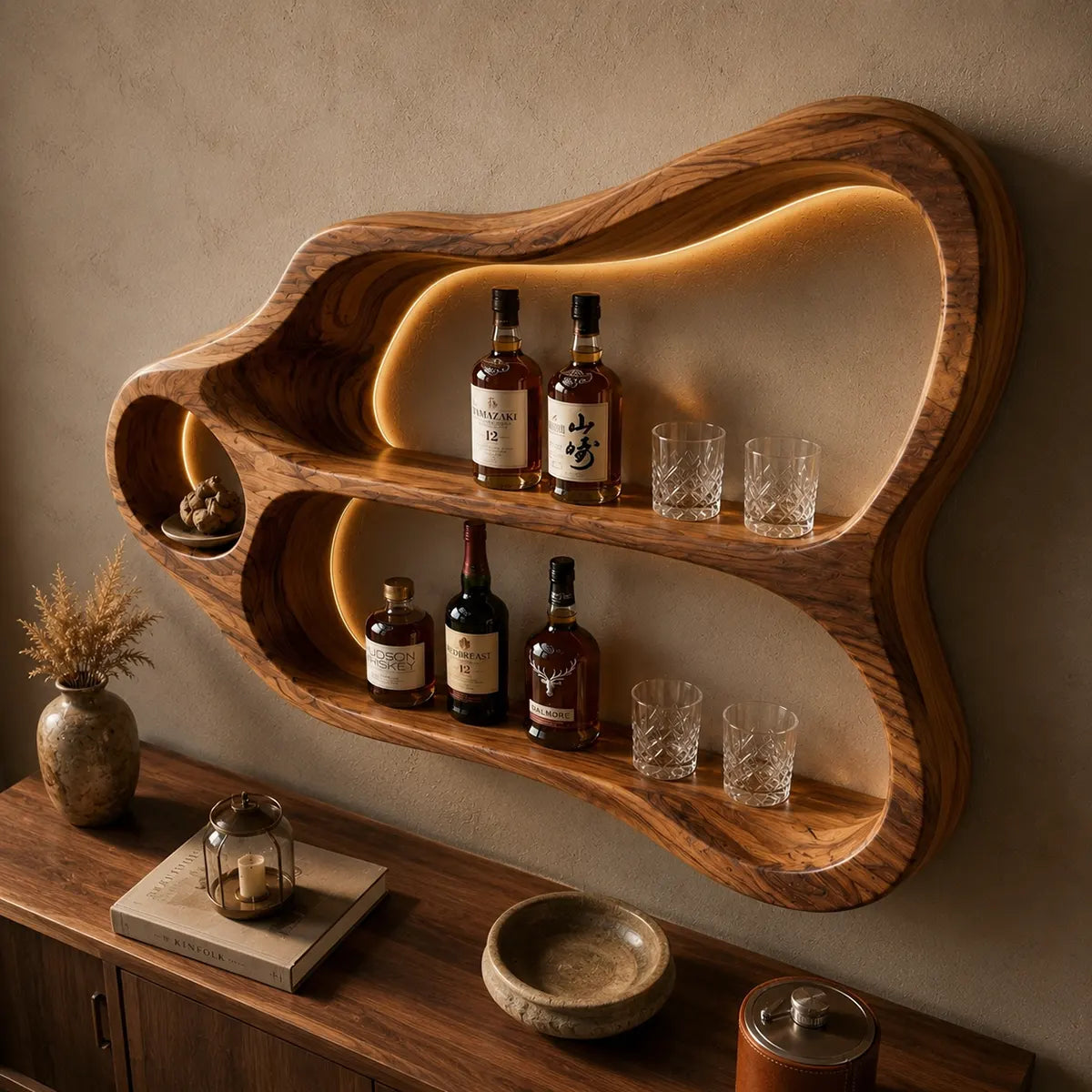 Sculptural Solid Wood Wall Wine Holder for Home Bars & Whiskey Collectors TT006-7510