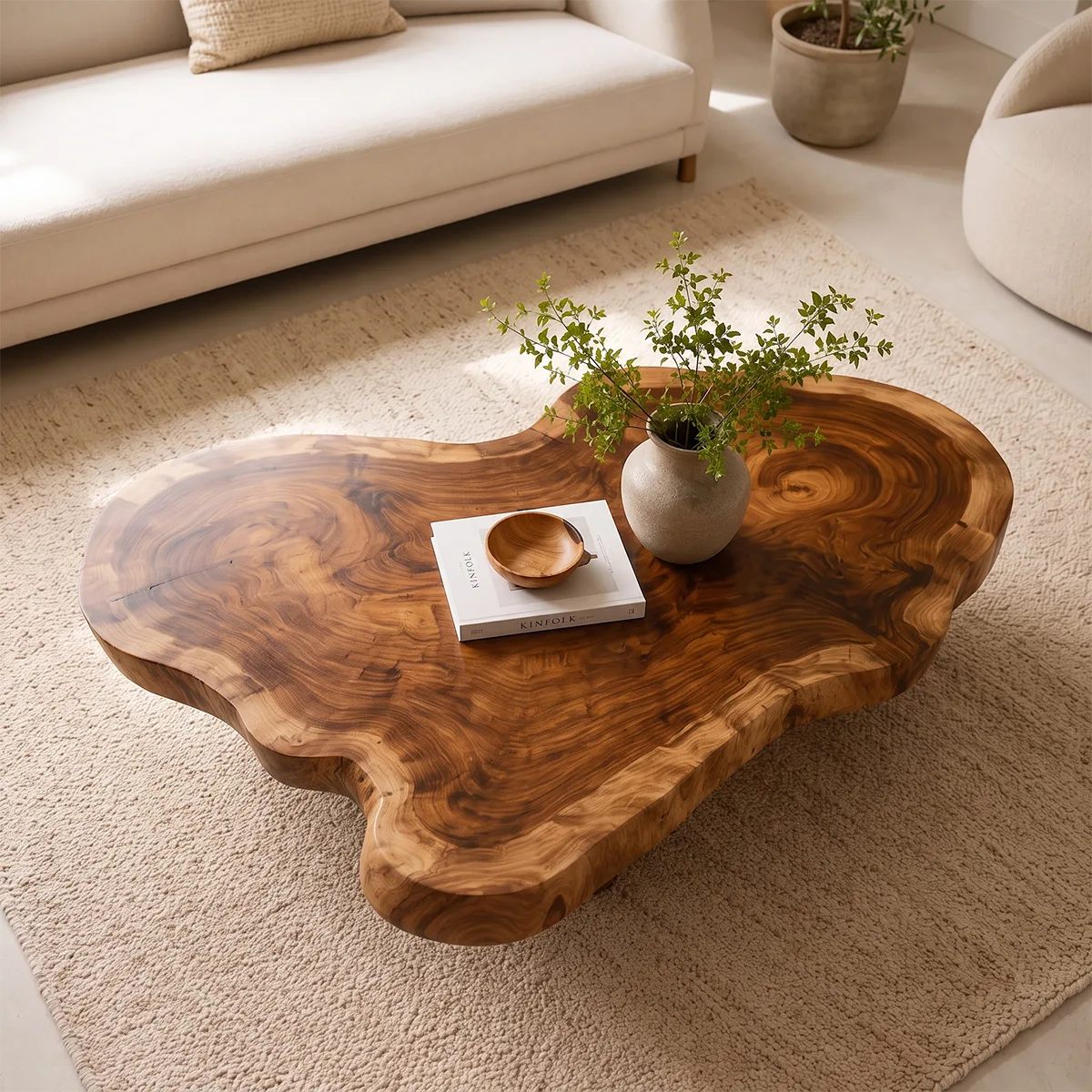 Organic Solid Wood Live Edge Coffee Table | Freeform Hardwood Coffee Table with Sculptural Pedestal Base TT006-4064