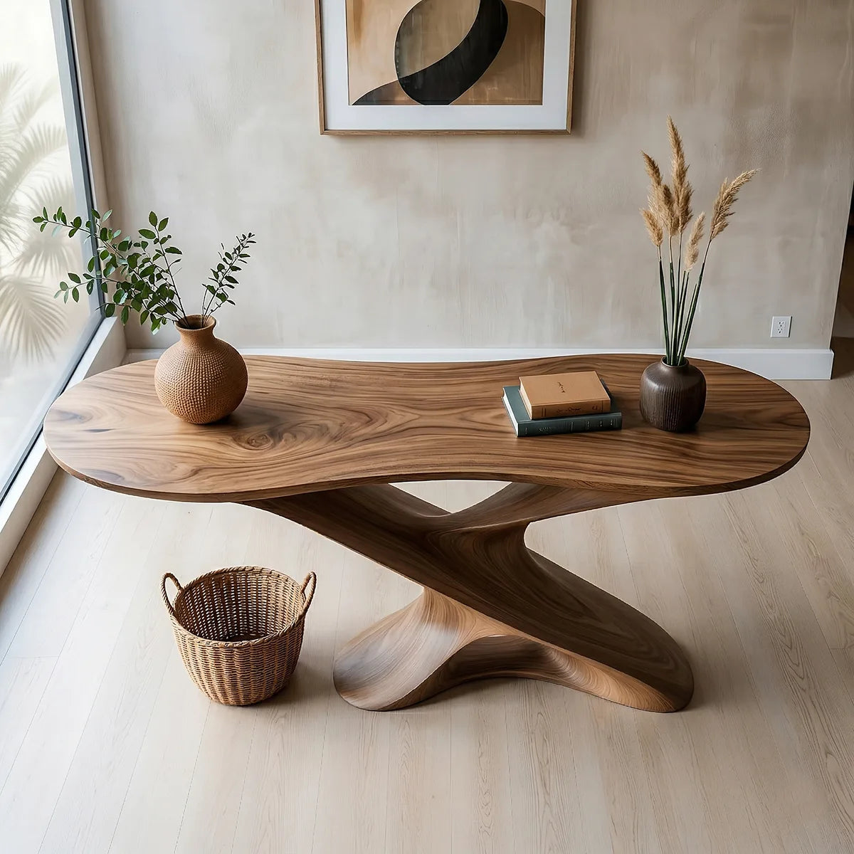 Sculptural Solid Wood Console Table with Twisting Openwork Base