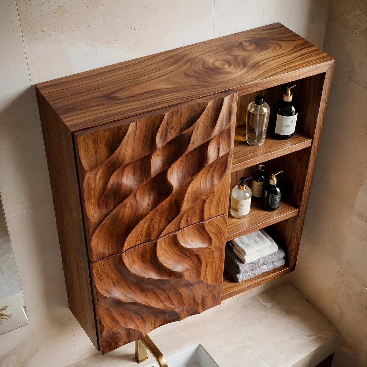 Handcrafted Solid Wood Bathroom Wall Cabinet with Sculpted Door and Open Shelves