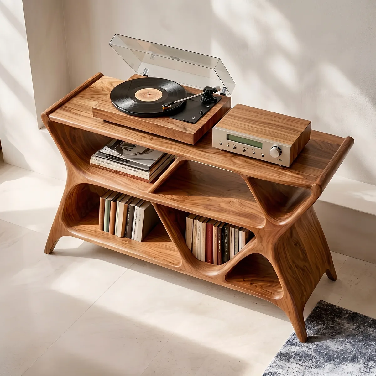 Modern Geometric Wooden Bookshelf | Vinyl Record Stand