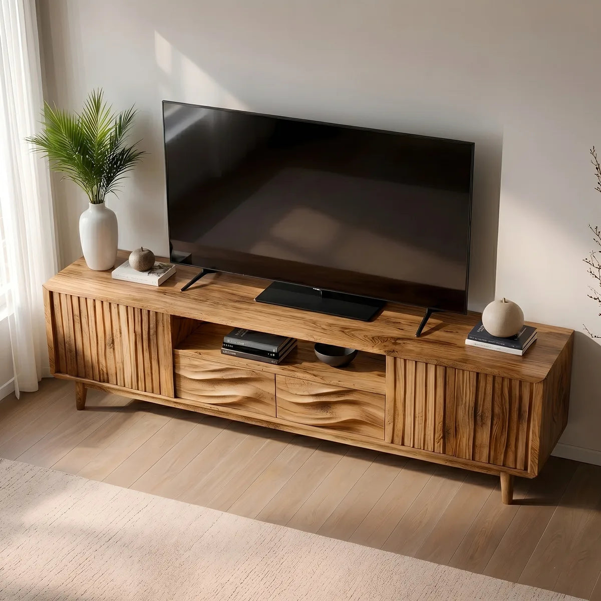 Mid Century Modern Solid Wood Fluted and Wavy Carved TV Stand