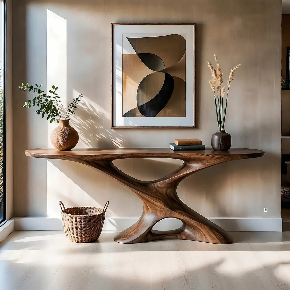 Sculptural Solid Wood Console Table with Twisting Openwork Base