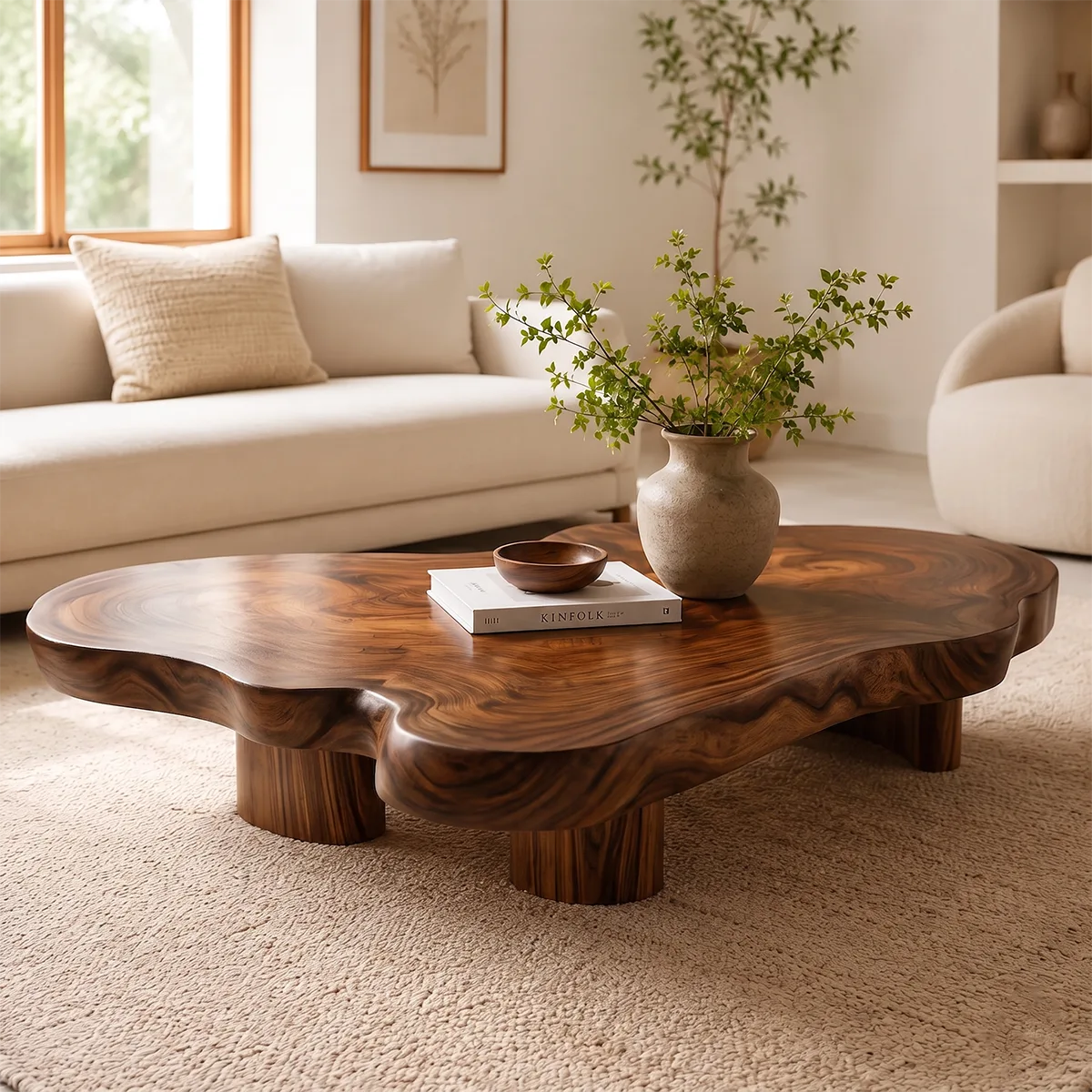 Organic Solid Wood Live Edge Coffee Table | Freeform Hardwood Coffee Table with Sculptural Pedestal Base TT006-4064