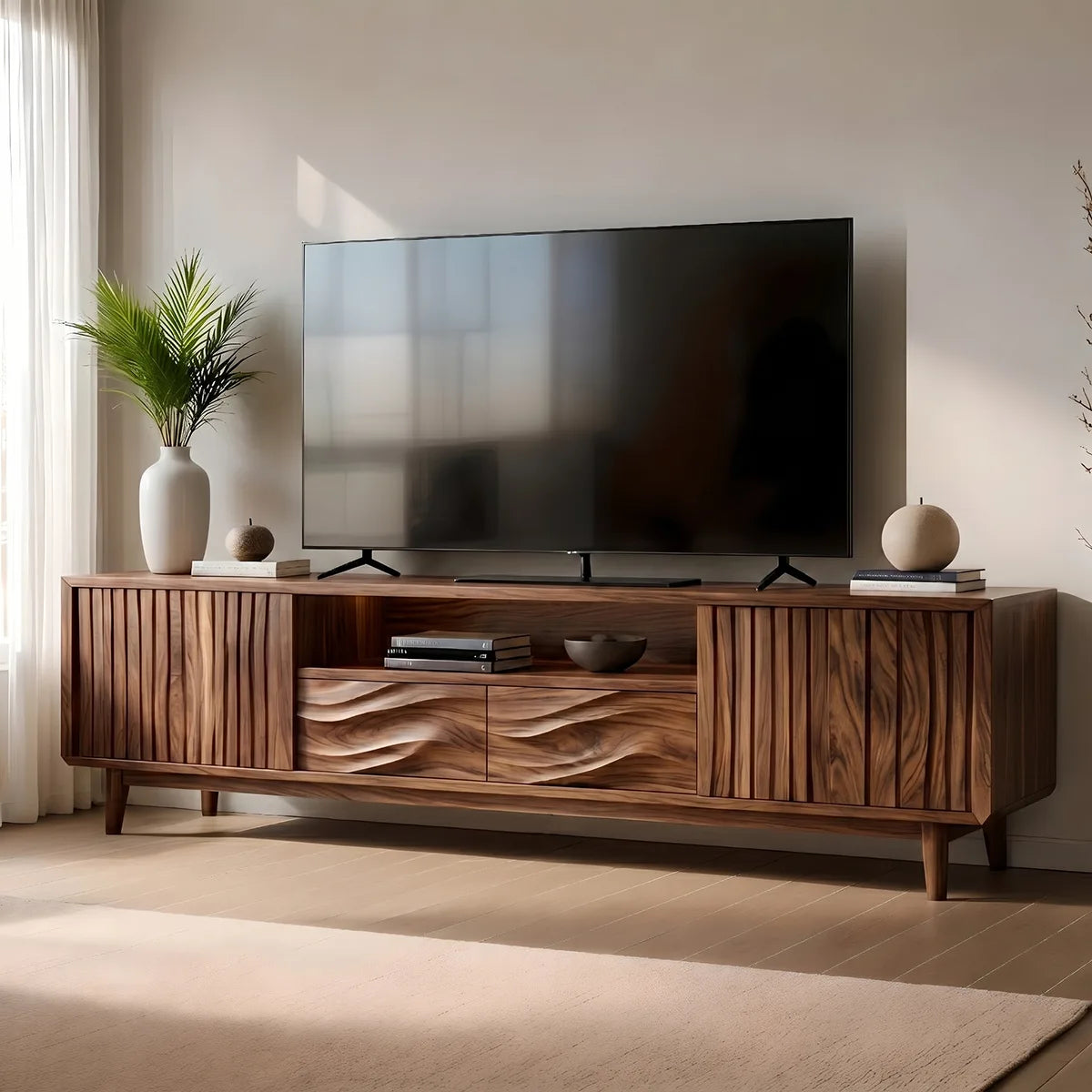 Mid Century Modern Solid Wood Fluted and Wavy Carved TV Stand