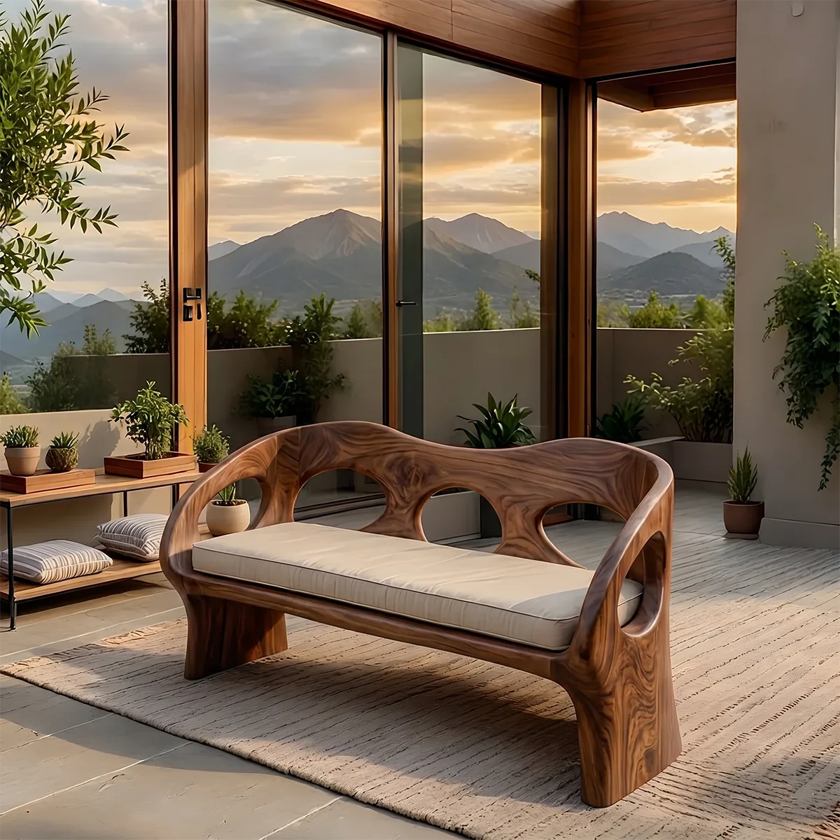 Luxury Organic Modern Outdoor Solid Wood Sofa with Sculptural Frame