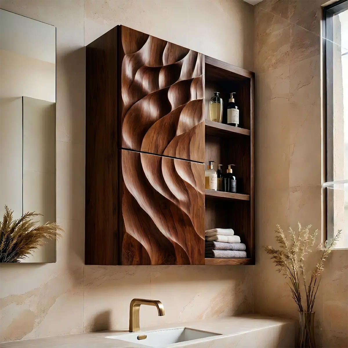Handcrafted Solid Wood Bathroom Wall Cabinet with Sculpted Door and Open Shelves