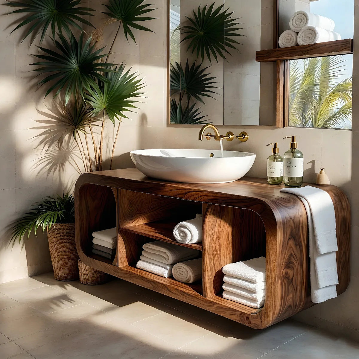 Floating Solid Wood Bathroom Vanity with Rounded Frame and Open Shelf Storage