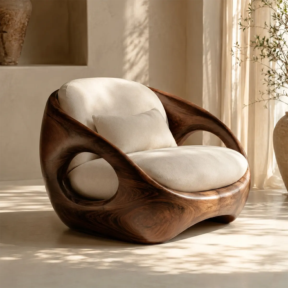 Organic Modern Wooden Lounge Chair | Sculptural Solid Wood Accent Chair TT006-3010