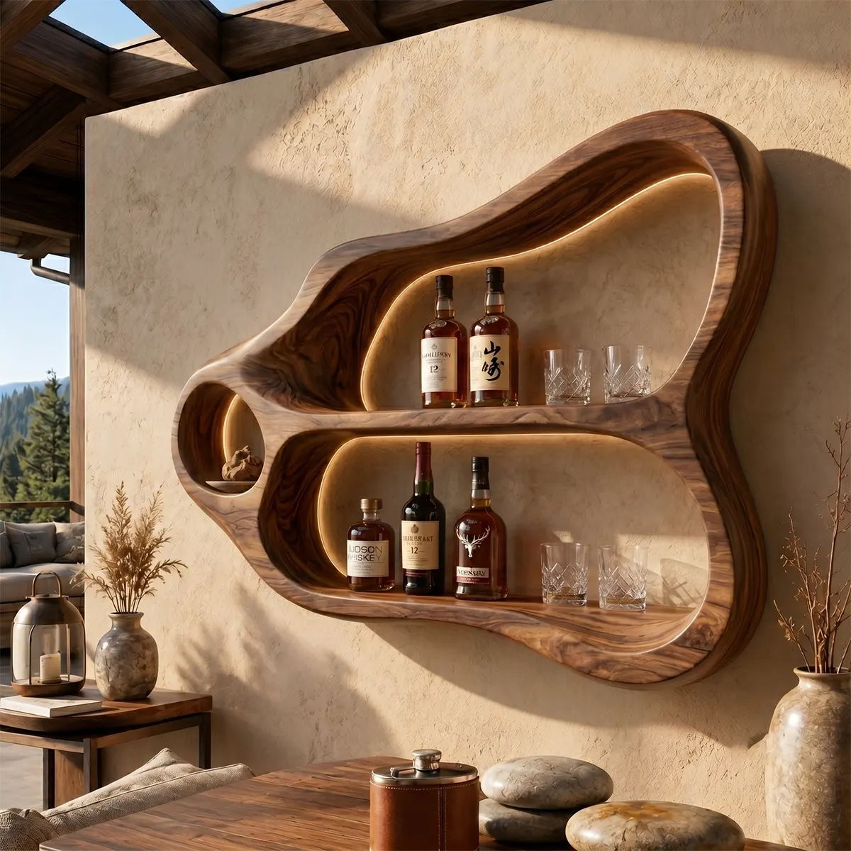 Sculptural Solid Wood Wall Wine Holder for Home Bars & Whiskey Collectors TT006-7510