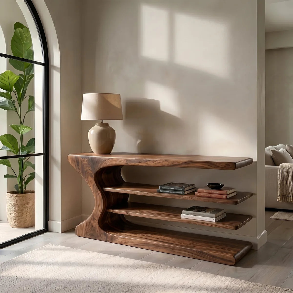 Organic Modern Console Table with Shelves, Sculptural Wood Console Table for Entryway & Living Room HL020-7755