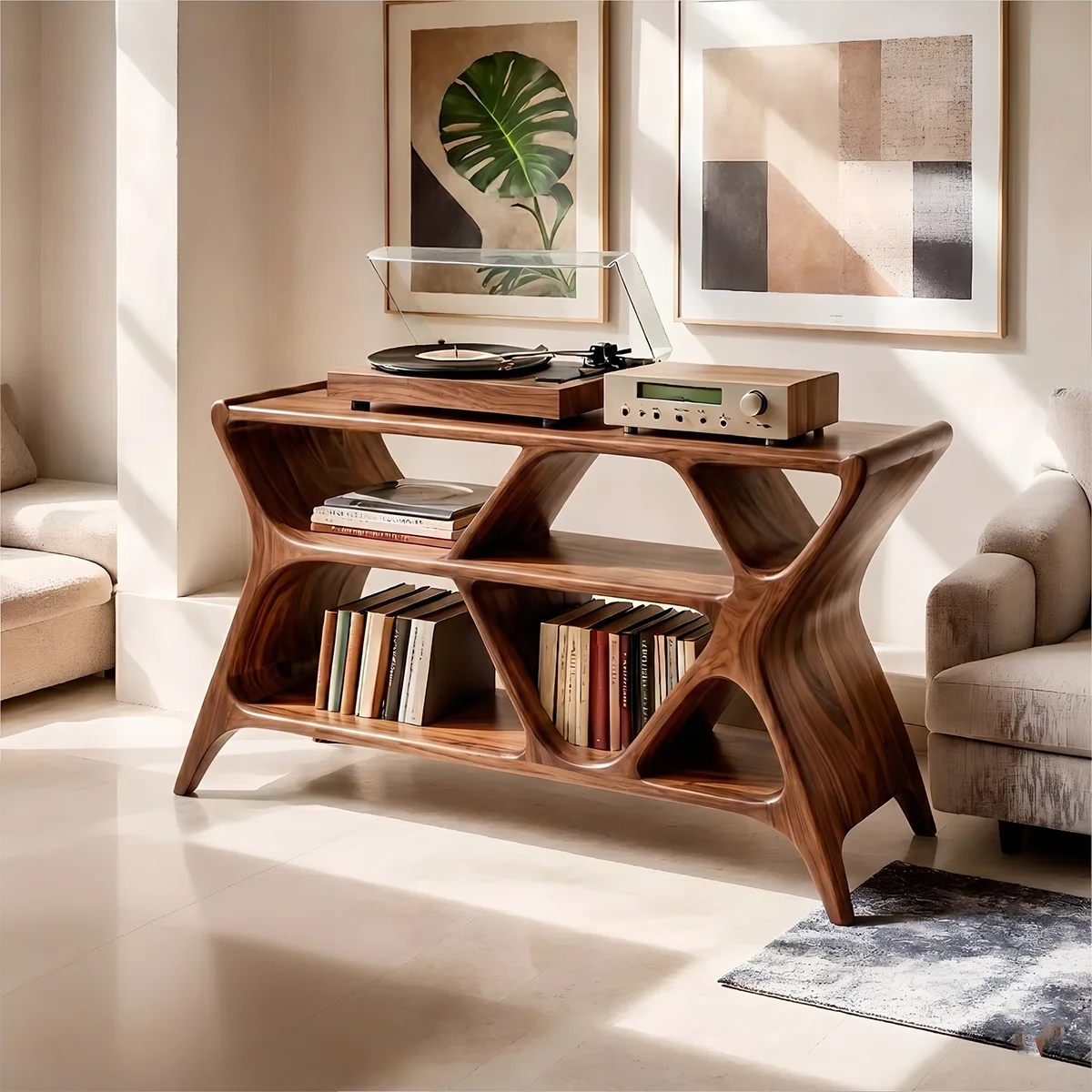 Modern Geometric Wooden Bookshelf | Vinyl Record Stand