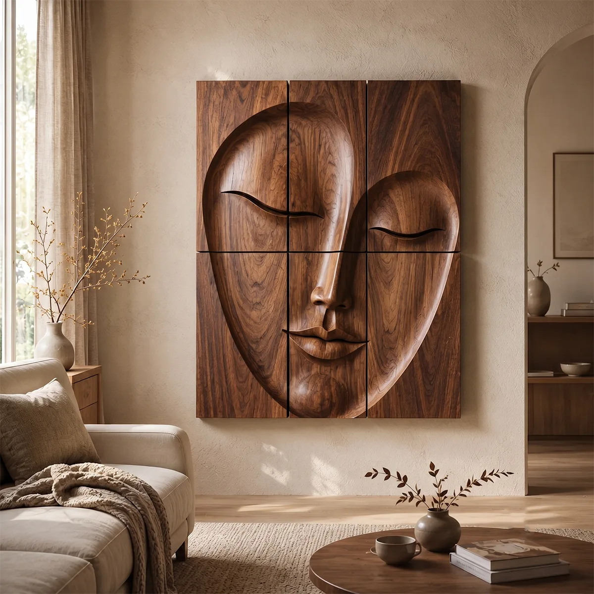 Abstract Wooden Face Wall Art | Large 6 Panel Modern Wood Sculpture TT006-6830