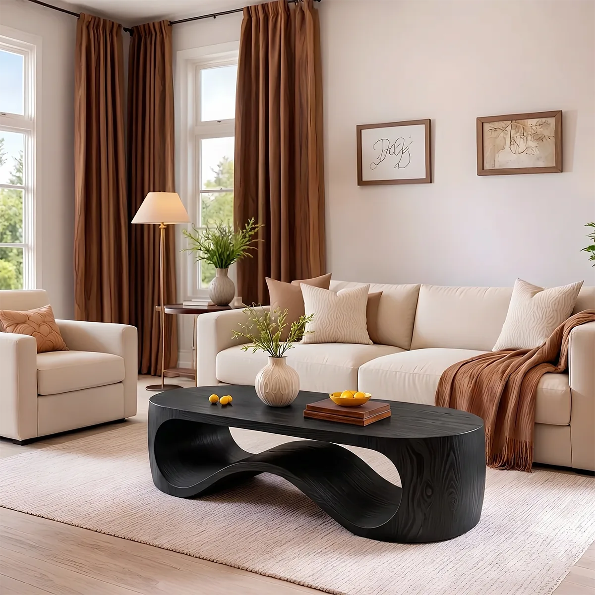 Modern Solid Wood Sculptural Coffee Table with Organic Wave Design