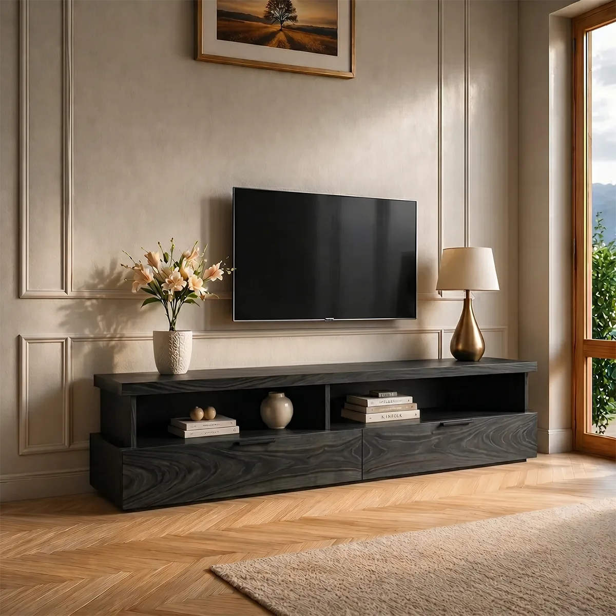 Modern Wood TV Stand with Open Shelves and 2 Drawers