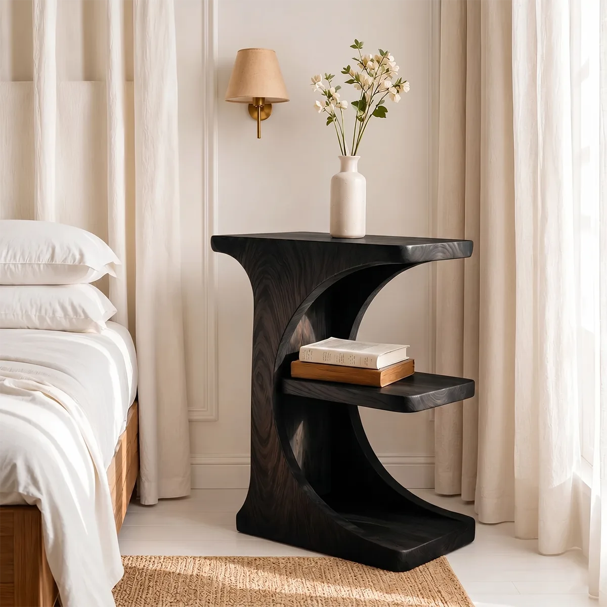 Sculptural Solid Wood Nightstand with Curved Open Shelf