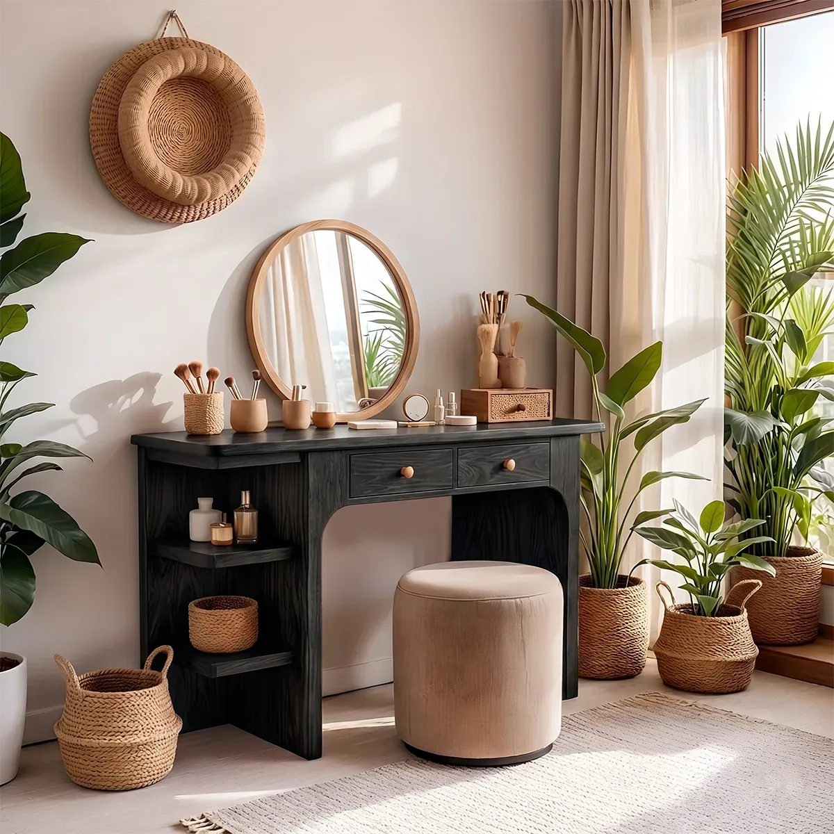 Scandinavian Solid Wood Vanity Desk with Mirror and Open Shelf Storage