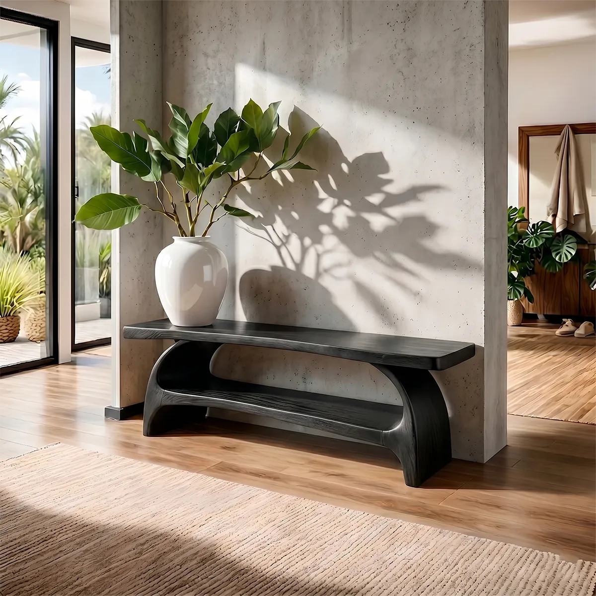 Handcrafted Solid Wood Entryway Bench with Sculptural Shelf for Modern Organic Interiors