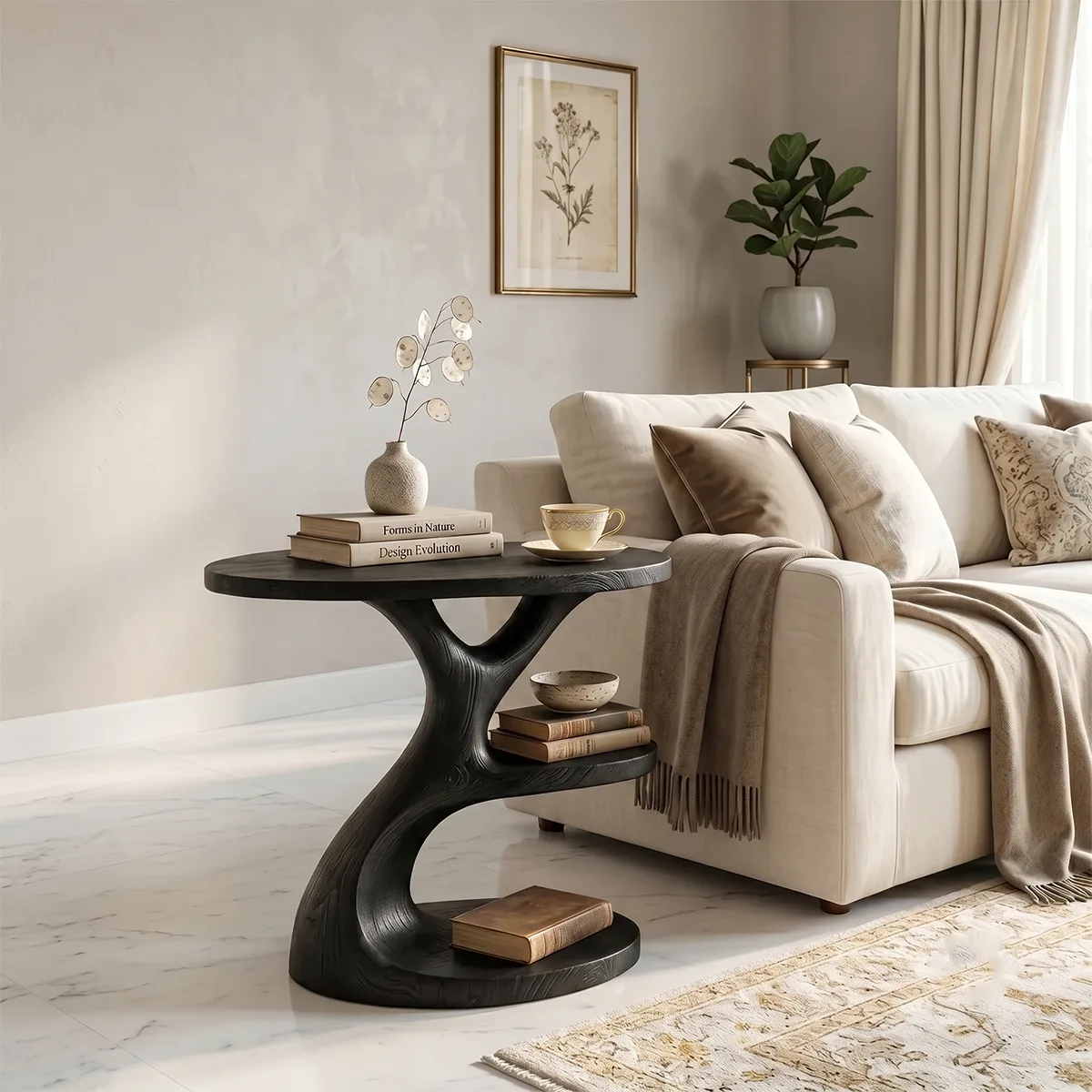Sculptural Solid Wood End Table with Shelves | Organic Design TH003-3115