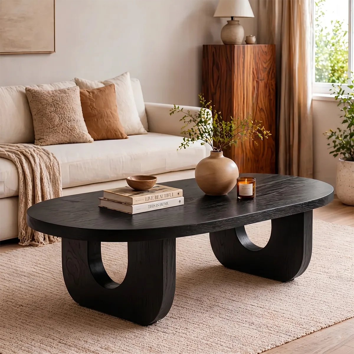 Modern Solid Wood Oval Coffee Table with Sculptural Cutout Legs