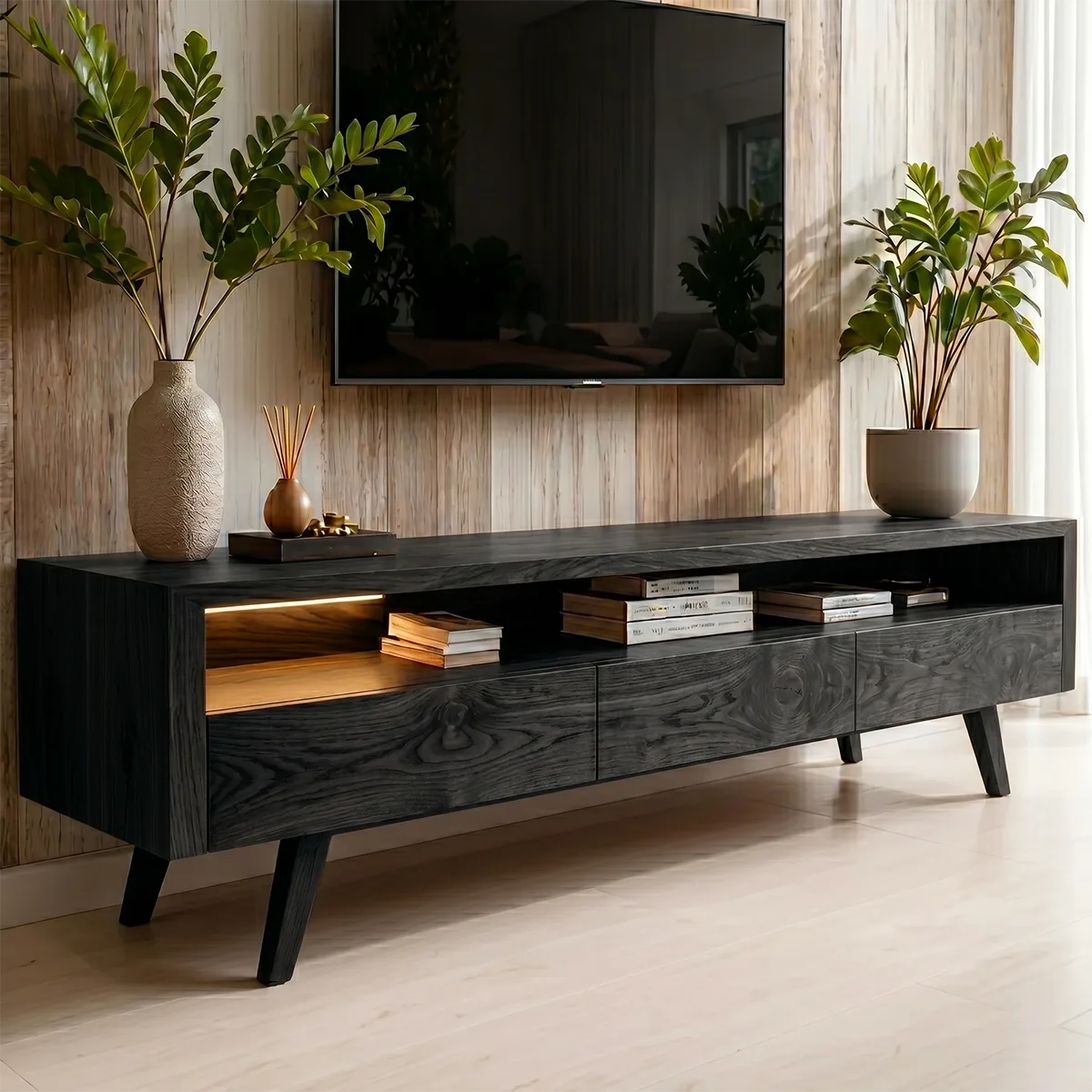 Modern TV Stand with Open Shelf and 3 Drawers