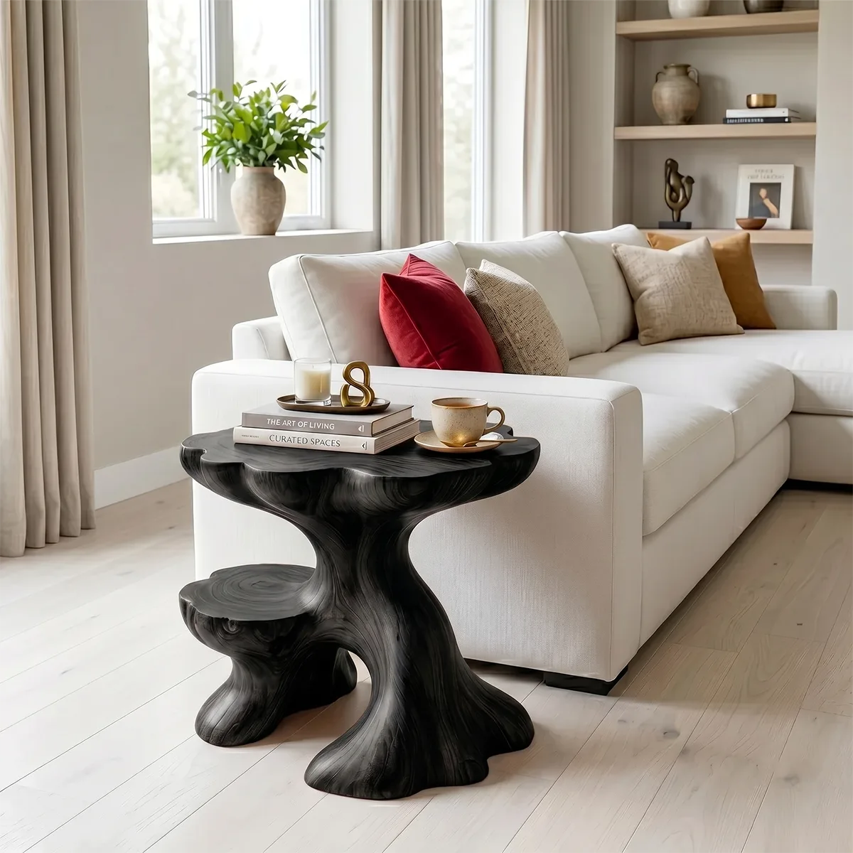 Sculptural Solid Wood Side Table with Shelf | Organic End Table TH003-9908