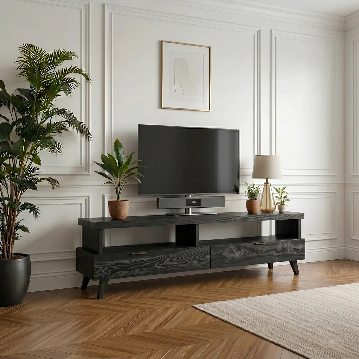 Minimalist TV Stand with Open Shelf and 2 Drawers