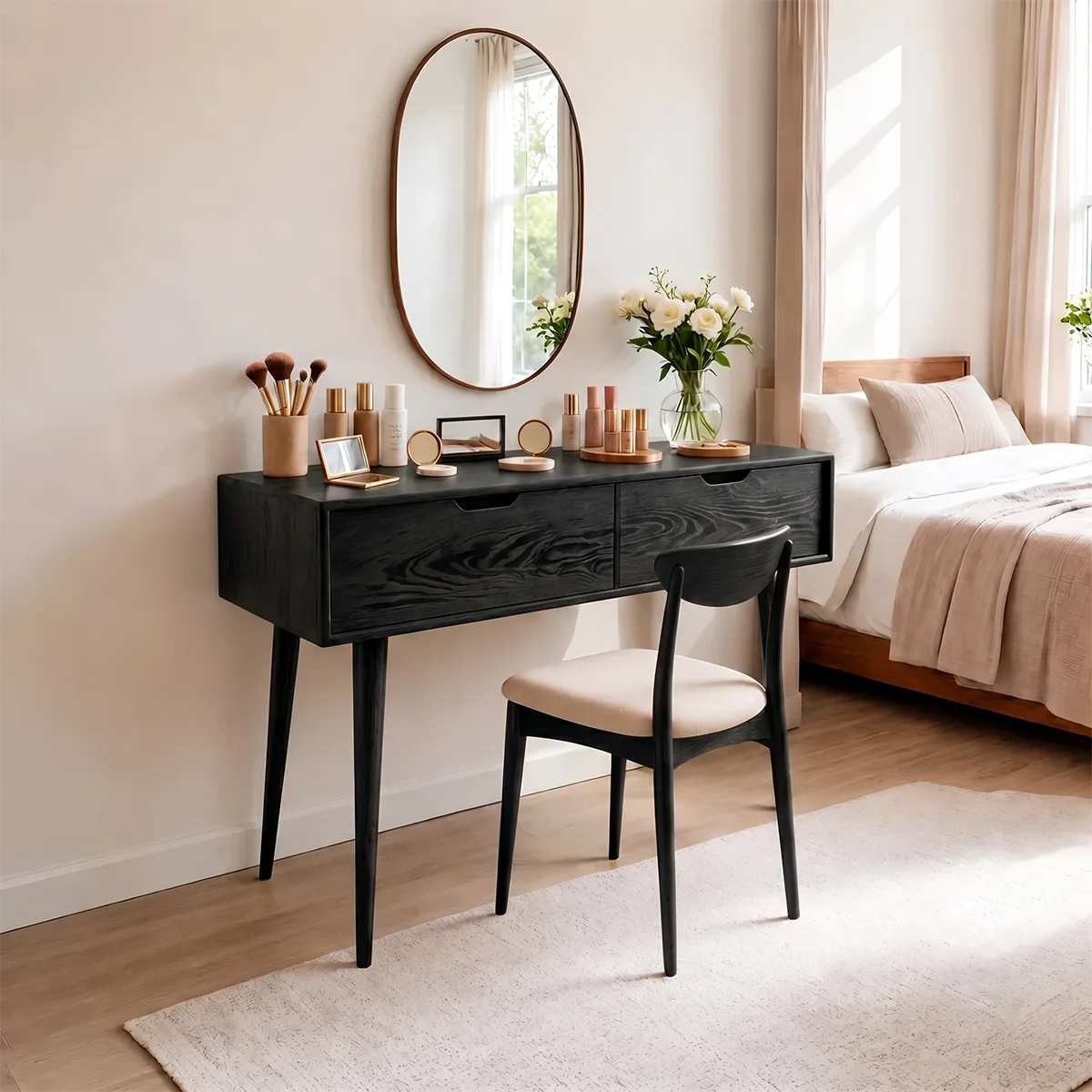 Minimalist Solid Wood Vanity Desk with Large Drawers and Oval Mirror