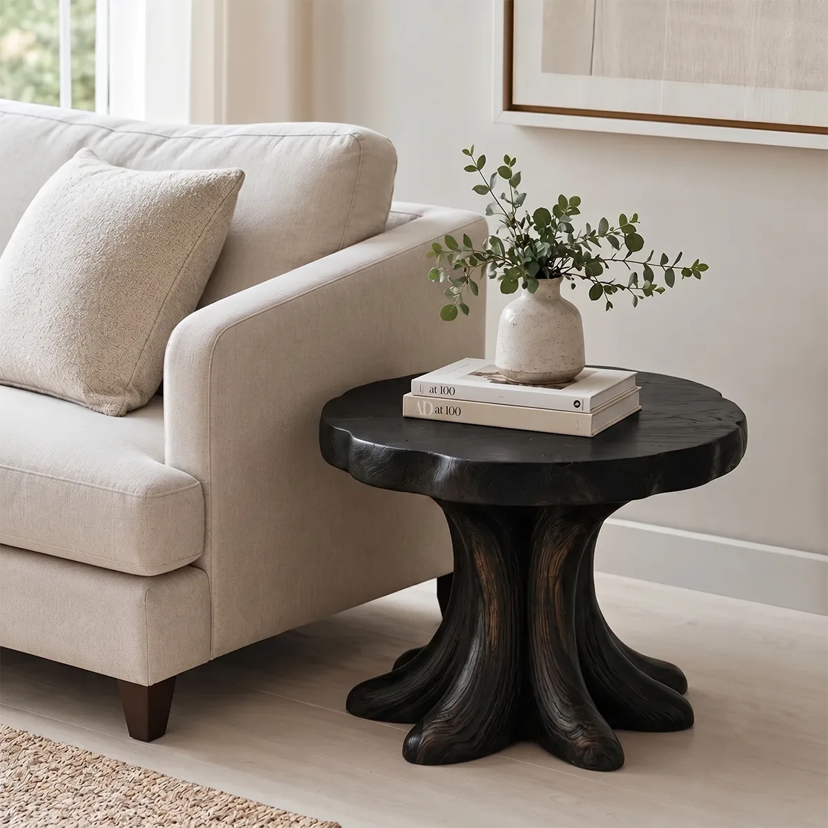 Round Solid Wood Side Table | Sculptural Pedestal Design TH003-7512