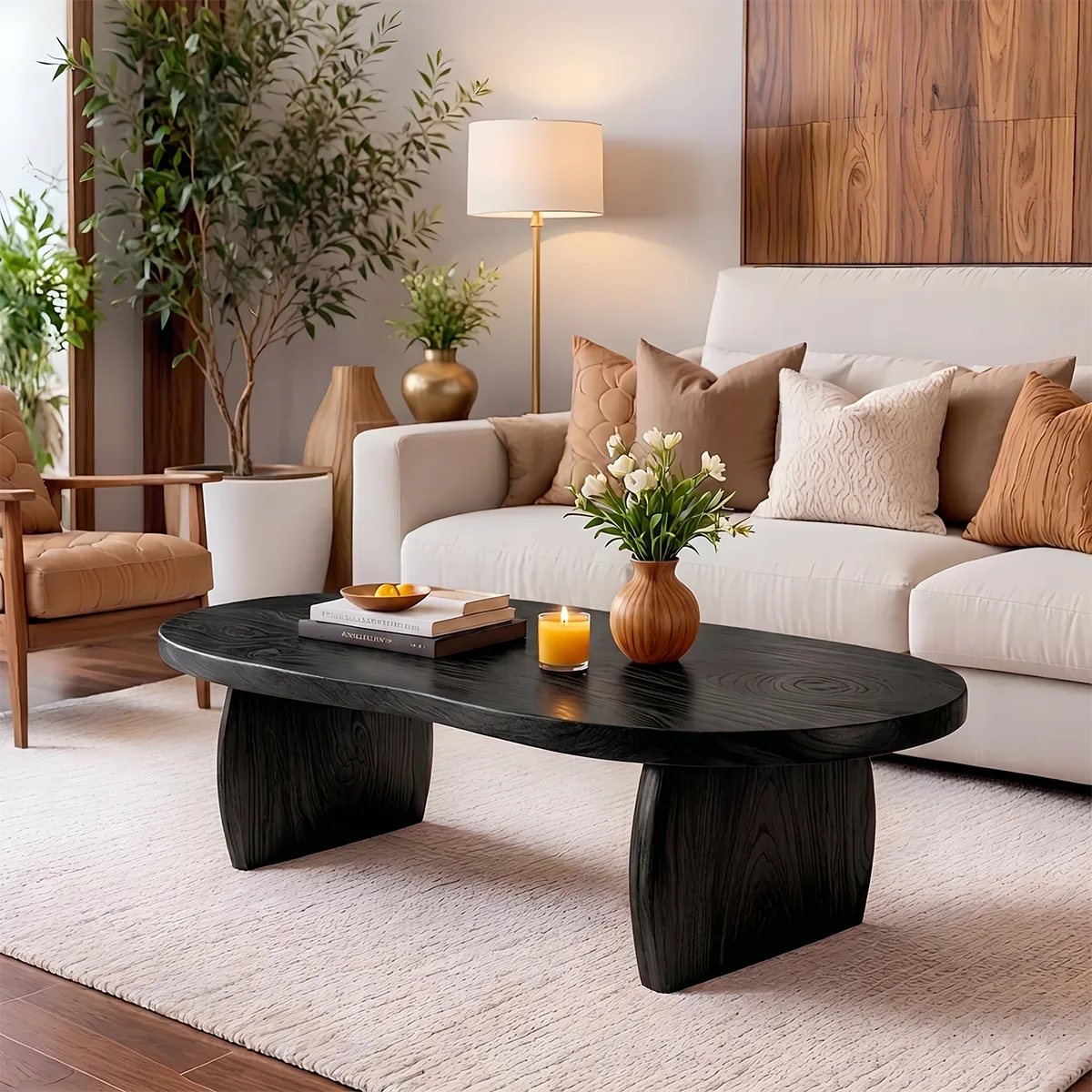 Modern Solid Wood Oval Coffee Table with Curved Slab Legs