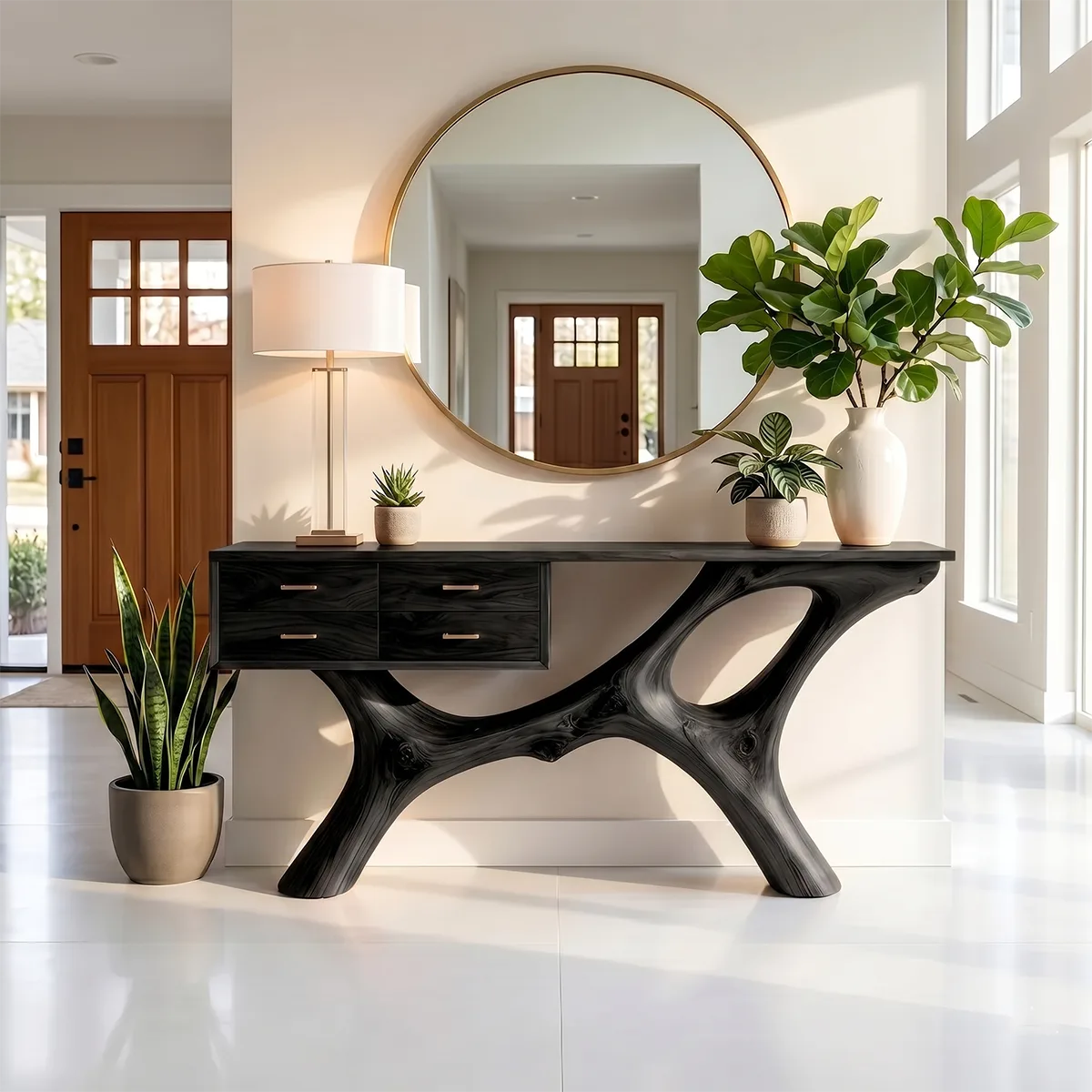 Luxury Wood Console Table with Drawers Curved Base Hallway Table