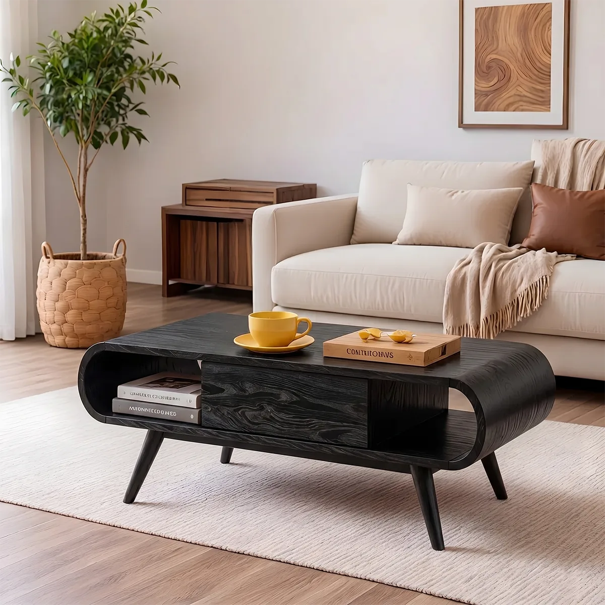 Mid Century Modern Solid Wood Curved Coffee Table with Storage