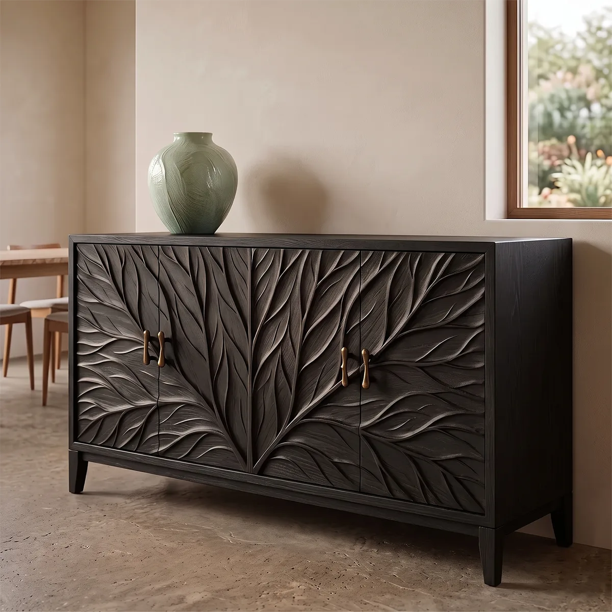 Leaf Carved Solid Wood Sideboard | Botanical Buffet Cabinet for Organic Modern & Japandi Interiors TH003-8571