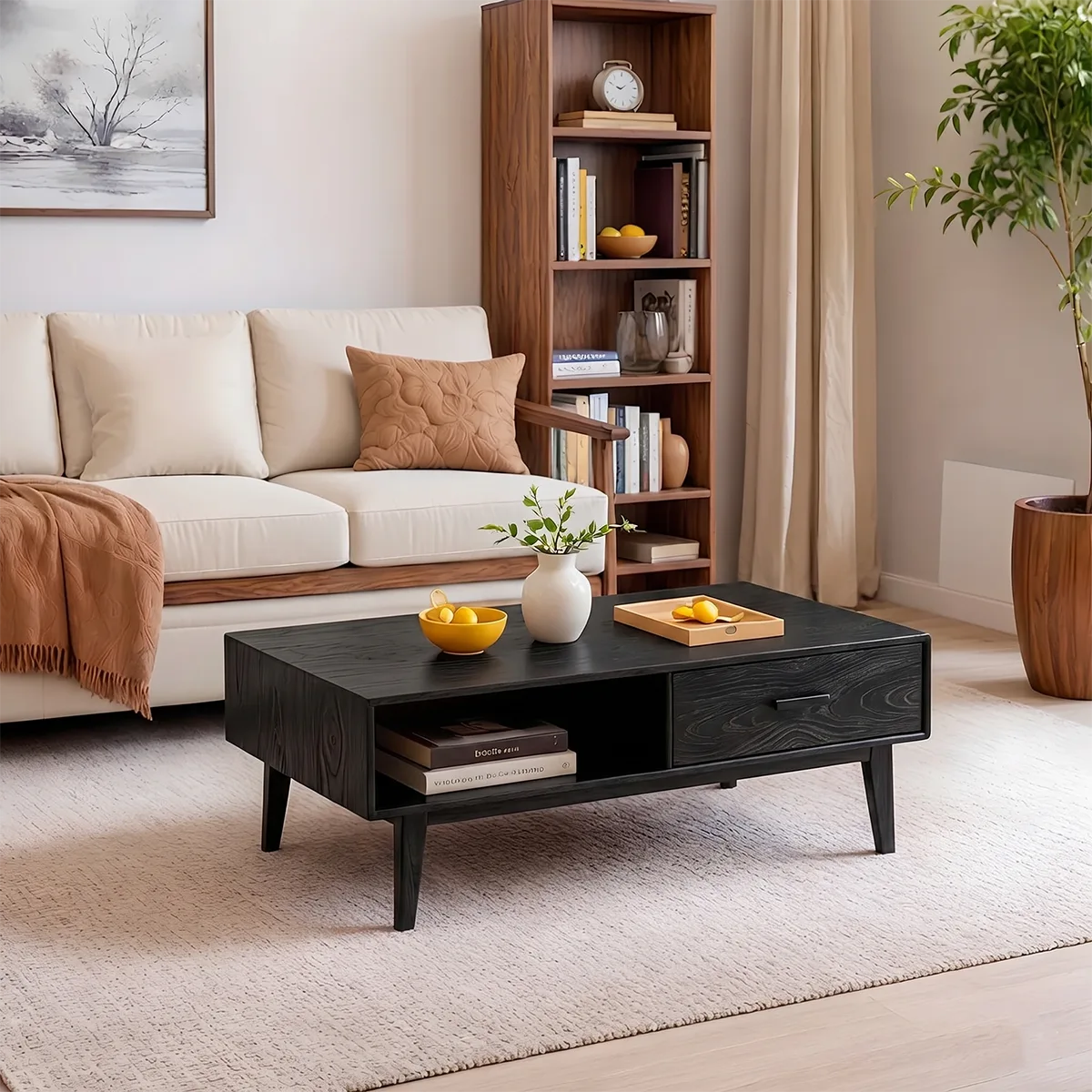 Mid Century Modern Solid Wood Rectangular Coffee Table with Storage