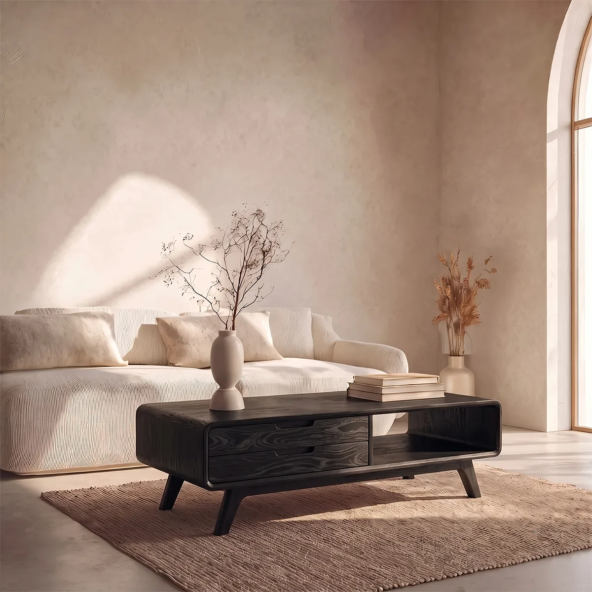 Modern Rectangular Coffee Table with 2 Drawers & Open Shelf | Mid Century Living Room Table TH003-1NPV4UT