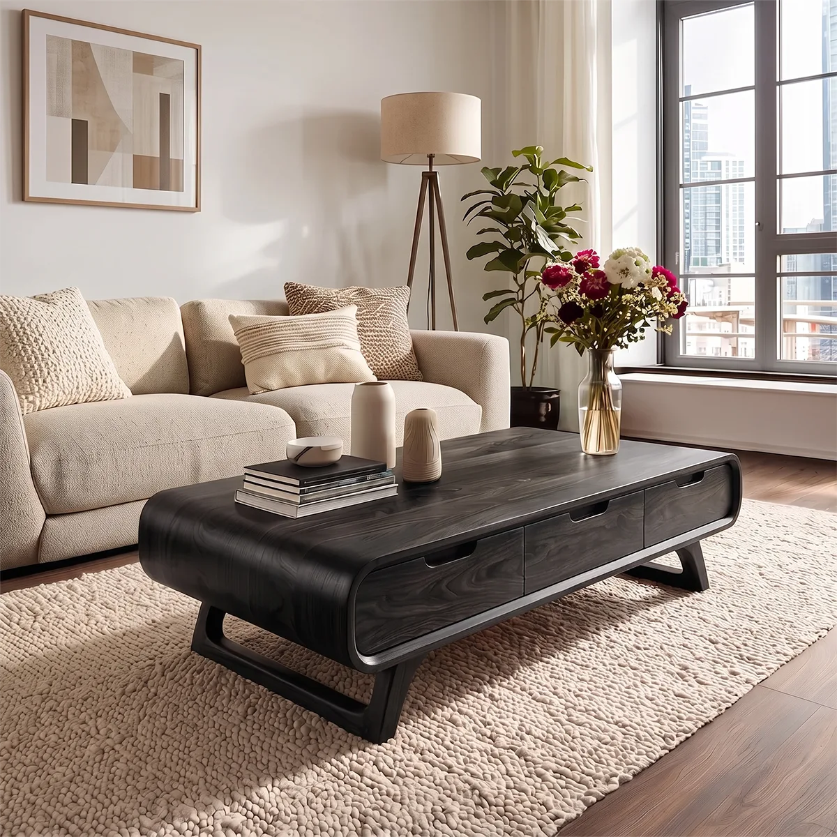 Modern Rounded Coffee Table with 3 Drawers | Mid Century Living Room Storage Table TH003-6LLU2ZO