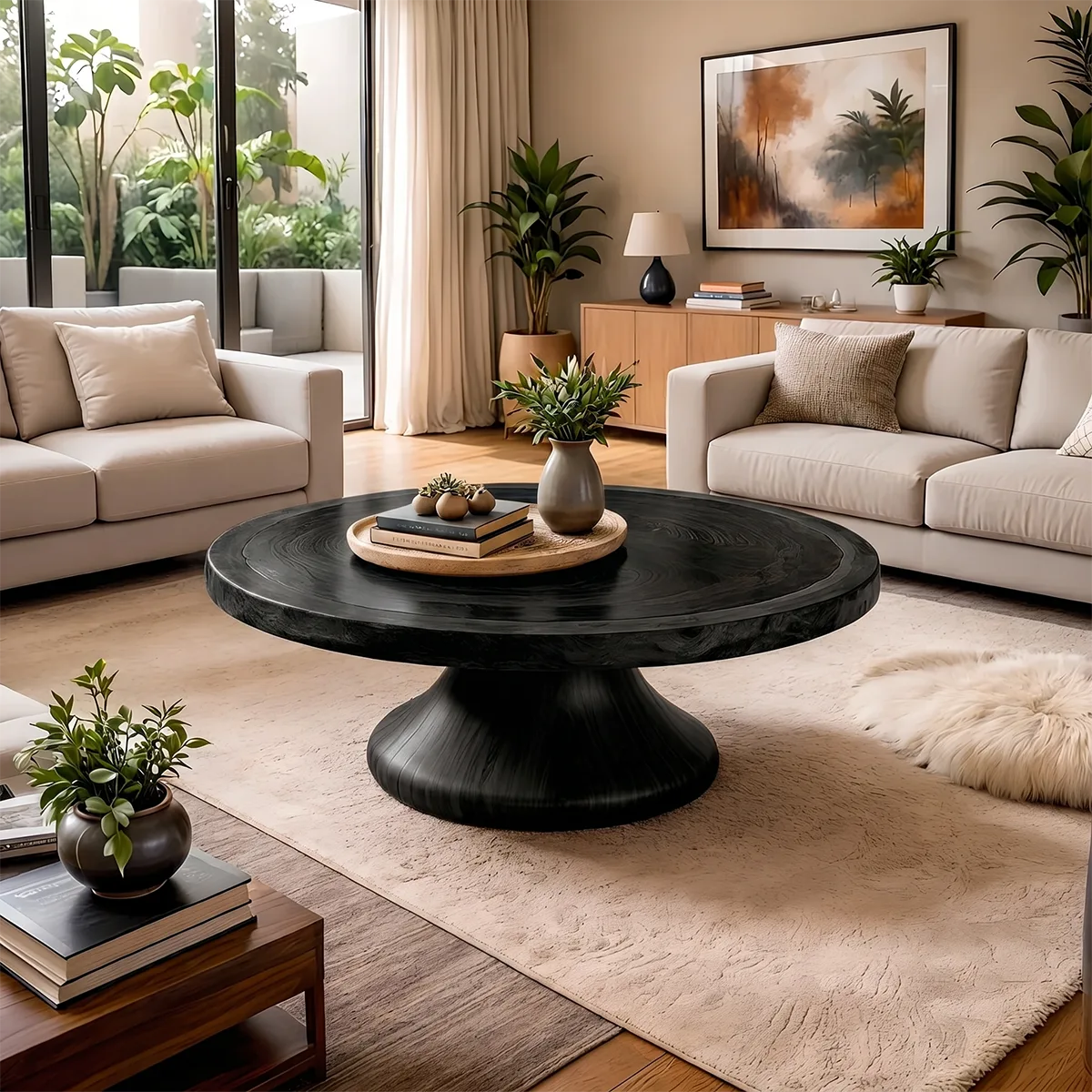 Round Solid Wood Coffee Table – Rustic Modern Pedestal Design TH003-9563