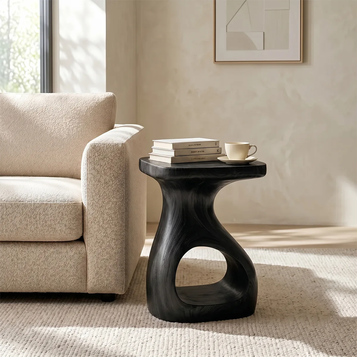 Solid Wood Side Table with Open Shelf | Sculptural End Table TH003-2155