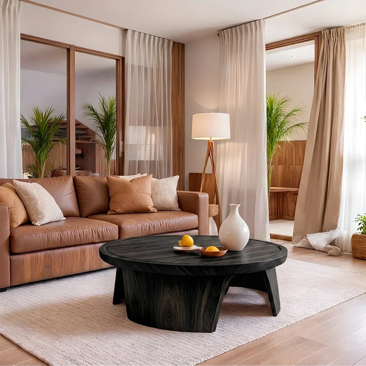 Solid Wood Round Tray Top Coffee Table Handcrafted Sculptural Living Room Table