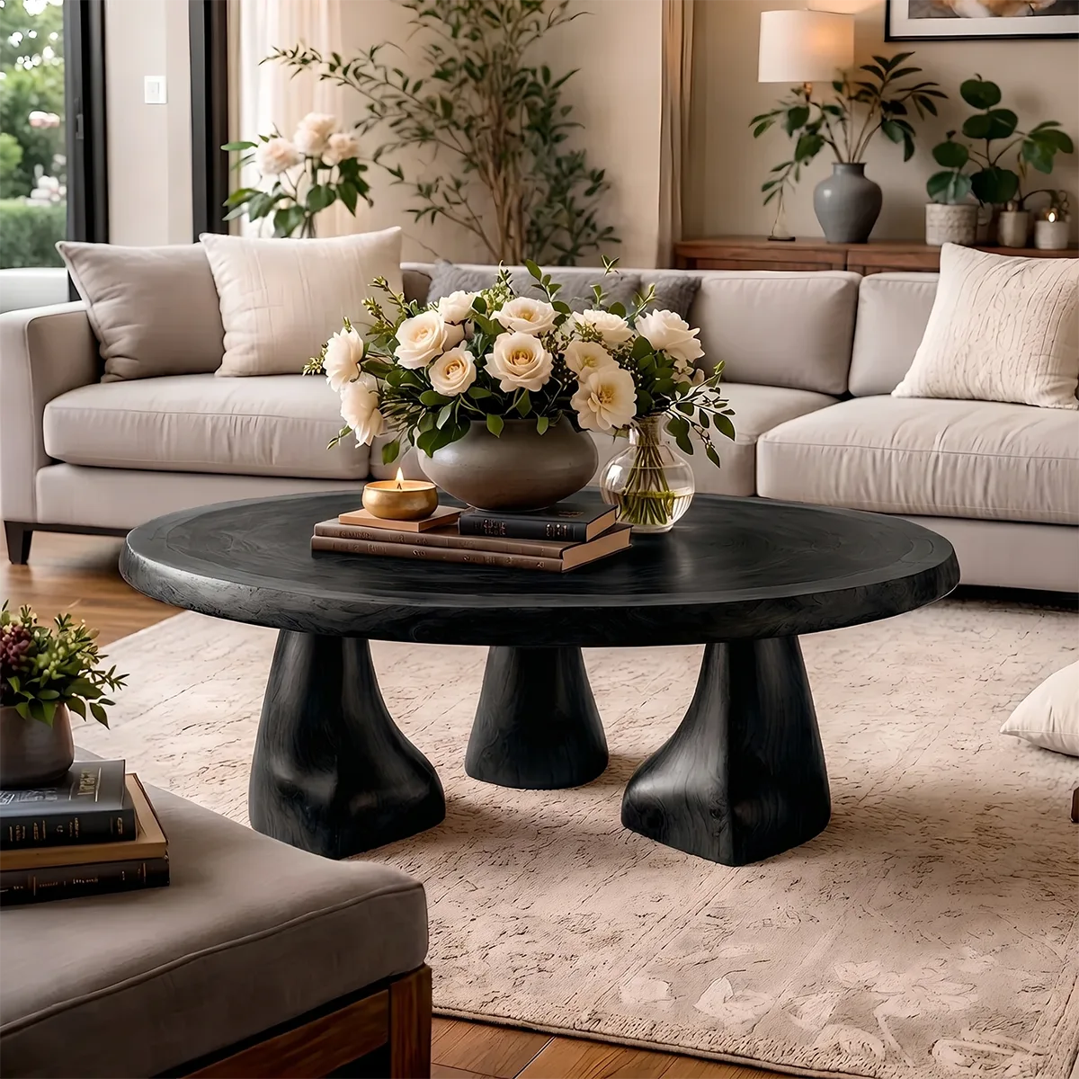 Round Solid Wood Coffee Table – Sculptural Pedestal Design TH003-7271