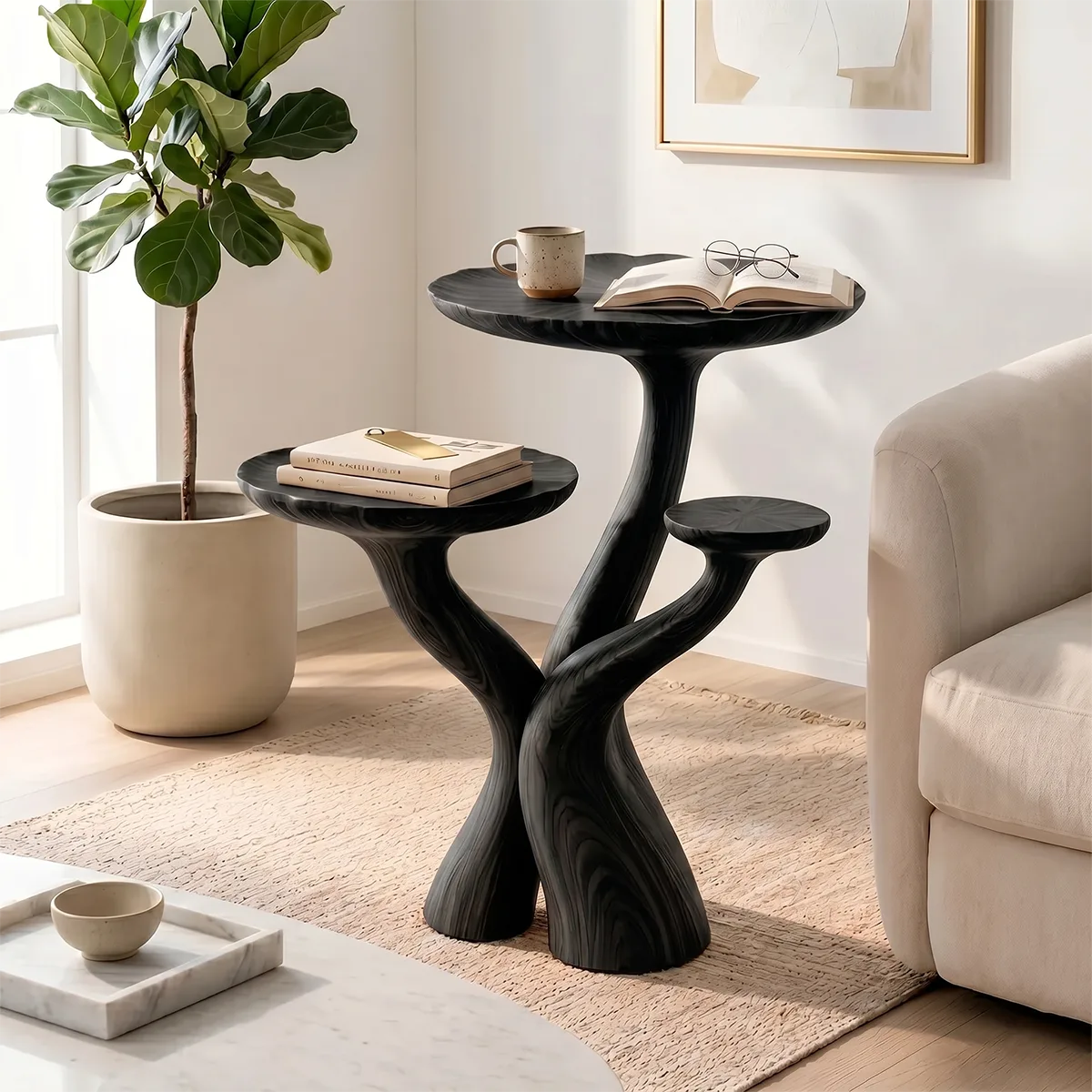 Three-Tier Solid Wood Side Table | Sculptural Branch Design TH003-6418