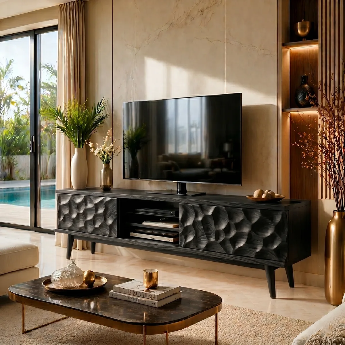 Sculpted Wood TV Stand with Open Center Shelves and Textured Doors