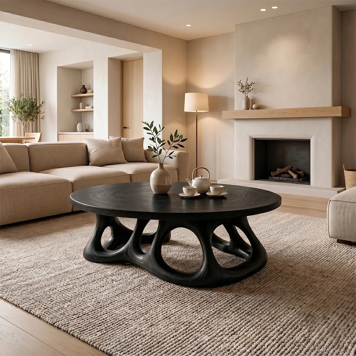 Round Solid Wood Coffee Table – Organic Sculptural Base Design TH003-6720