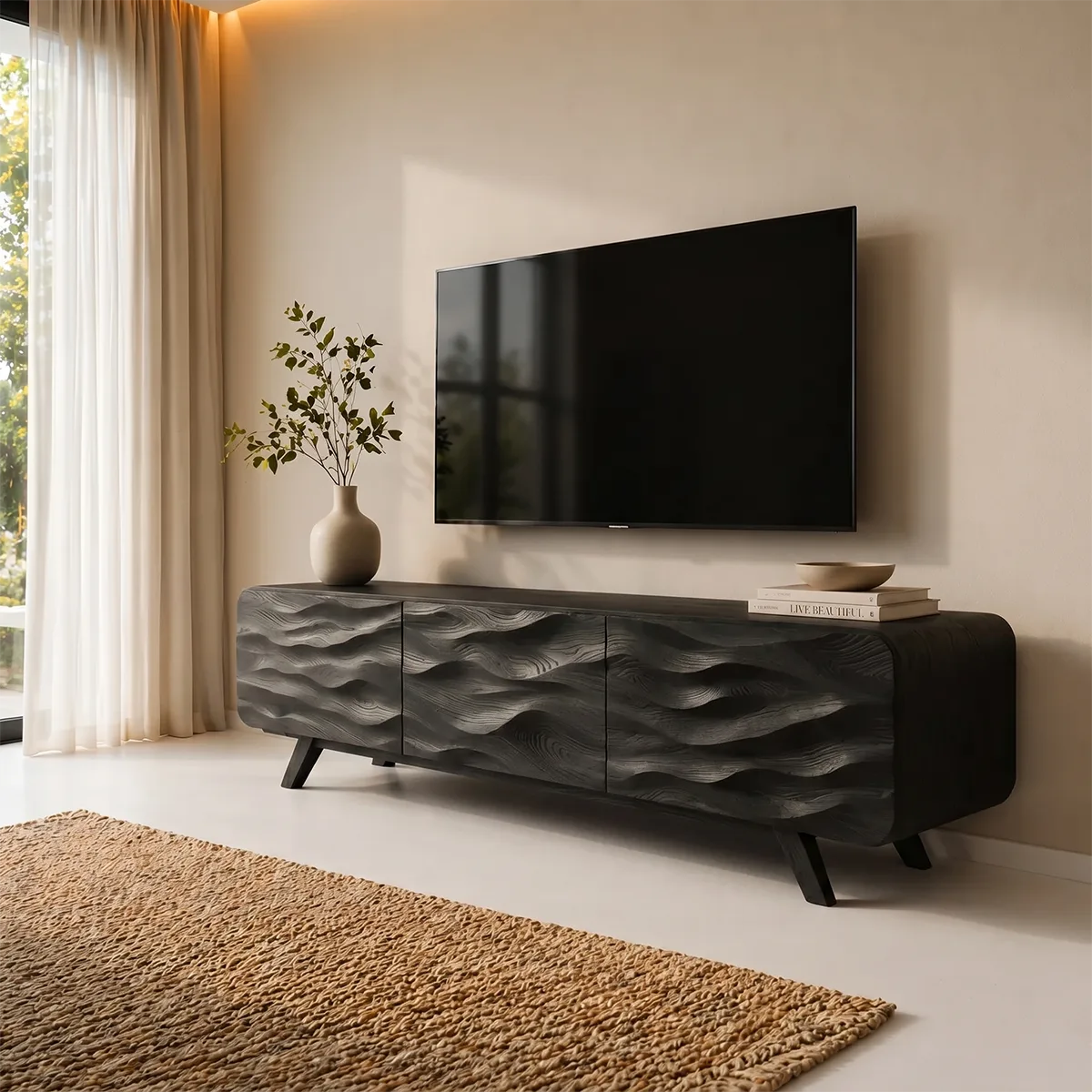 Carved Wave TV Cabinet with 3 Doors and Rounded Sides